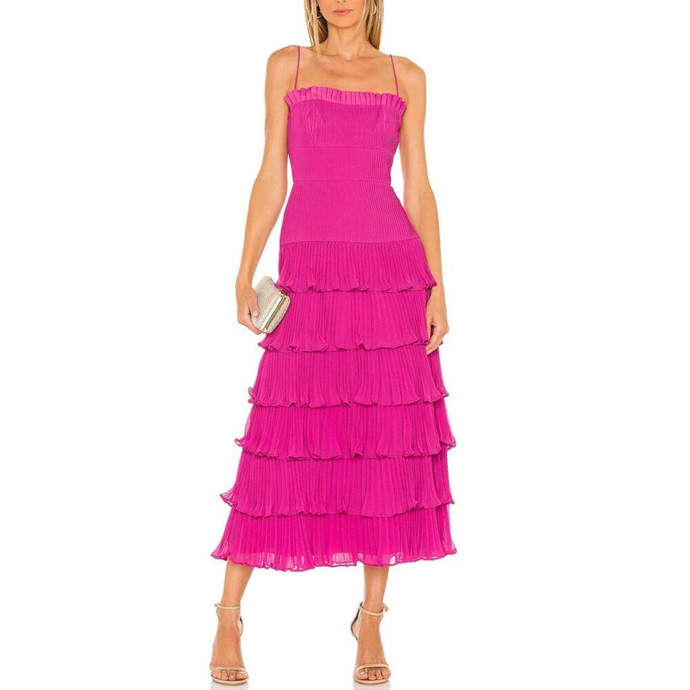 AMUR Viola Pleated Midi Dress in Magenta Size 2